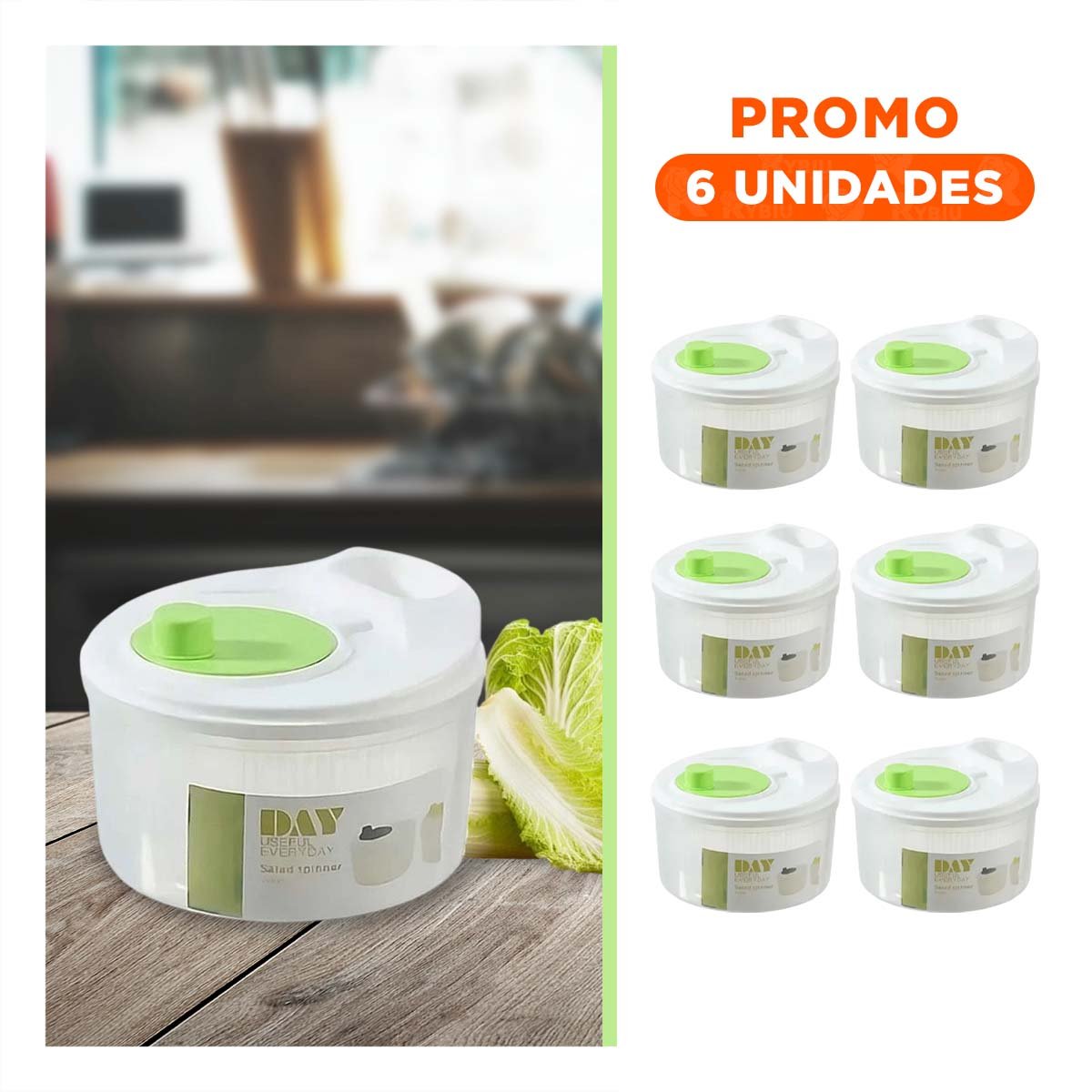 Pack6 Secador Compacto para Ensaladas Blanco con Verde DAY Y Regalo Sticker