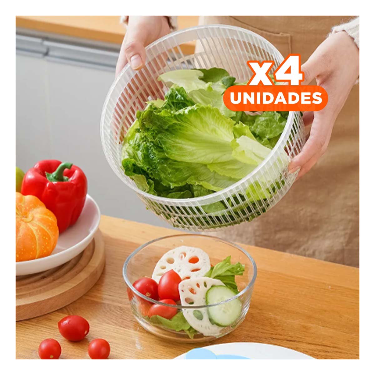 Pack4 Secador Giratorio para Verduras y Frutas Blanco con Azul DAY Y Regalo Sticker