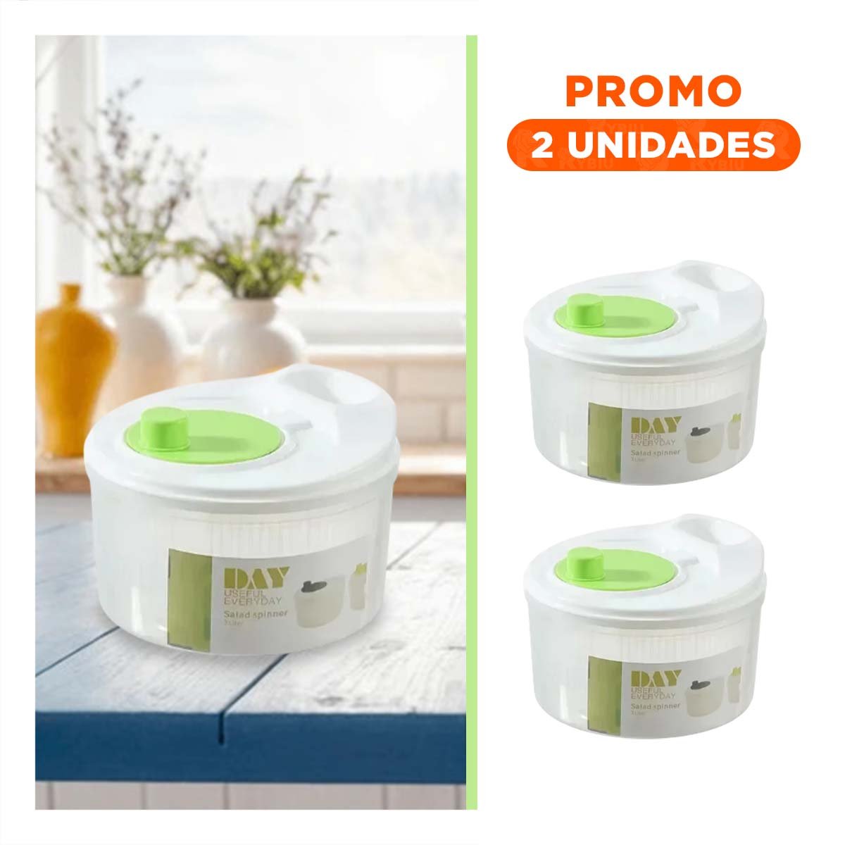 Pack2 Centrifugador Domestico para Preparar Ensaladas Blanco con Verde DAY Y Regalo Sticker