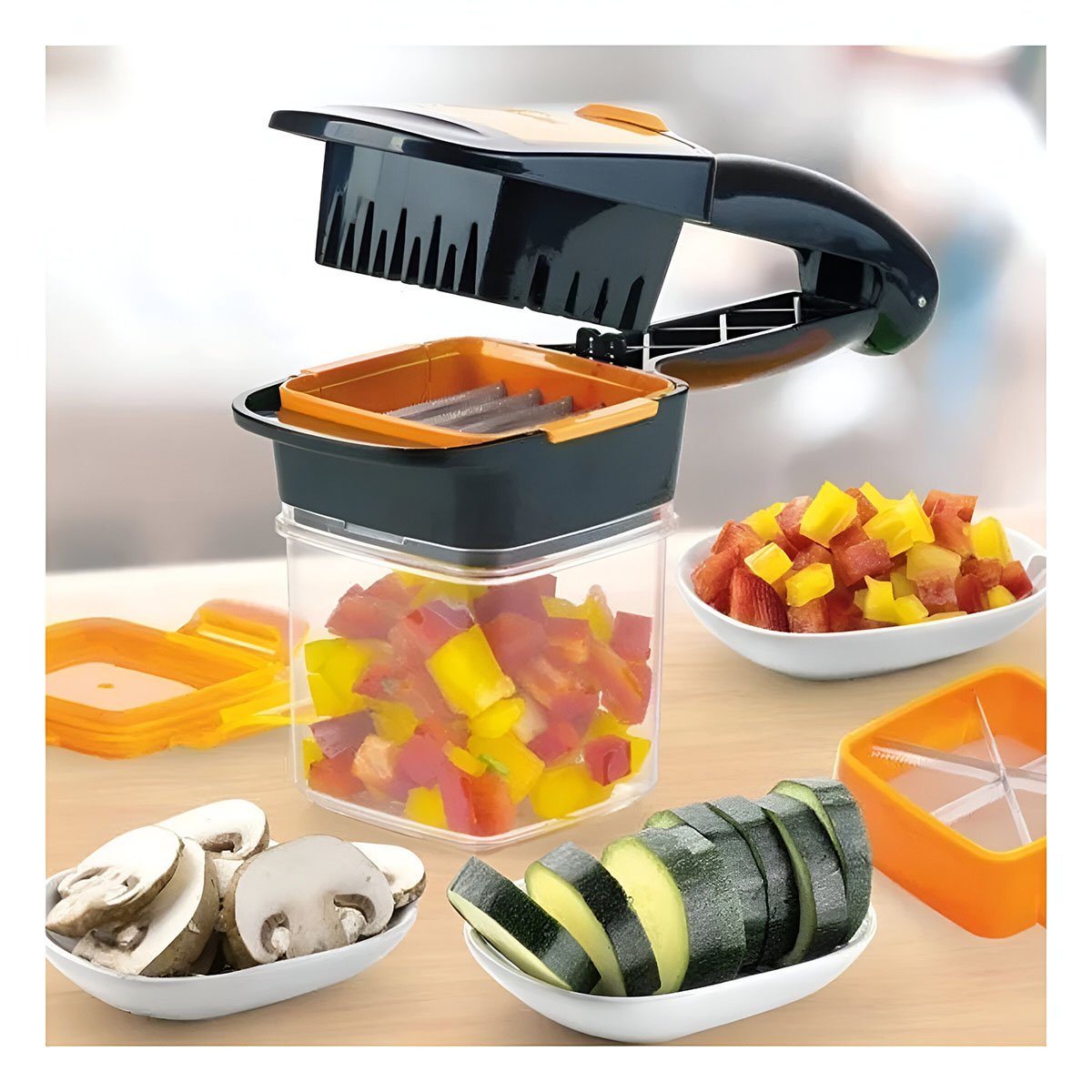 Picador Multifuncional de Frutas y Verduras Negro y Naranja con Mango Seguro Y Papel Regalo