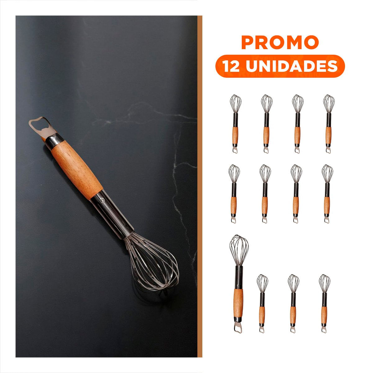 Pack12 Batidor Manual de Acero Inoxidable con Mango de Madera y Abridor