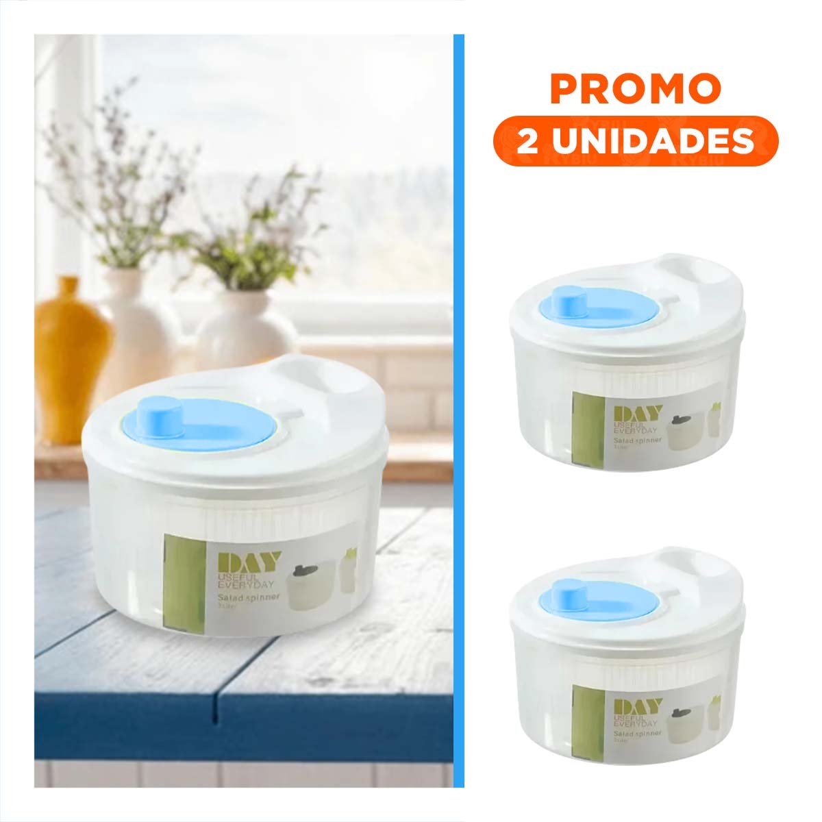Pack2 Centrifugador Domestico para Preparar Ensaladas Blanco con Azul DAY Y Regalo Sticker