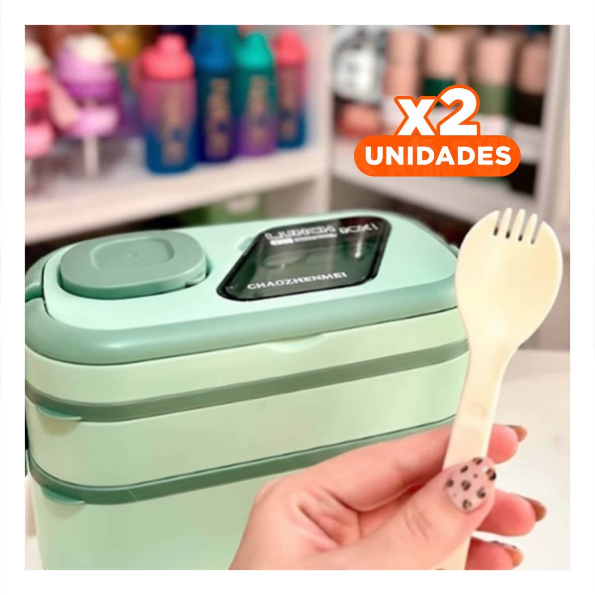 Pack2 Envase 2 Pisos con Compartimientos y Cubiertos Verde Llevar Almuerzos YPapel Regalo