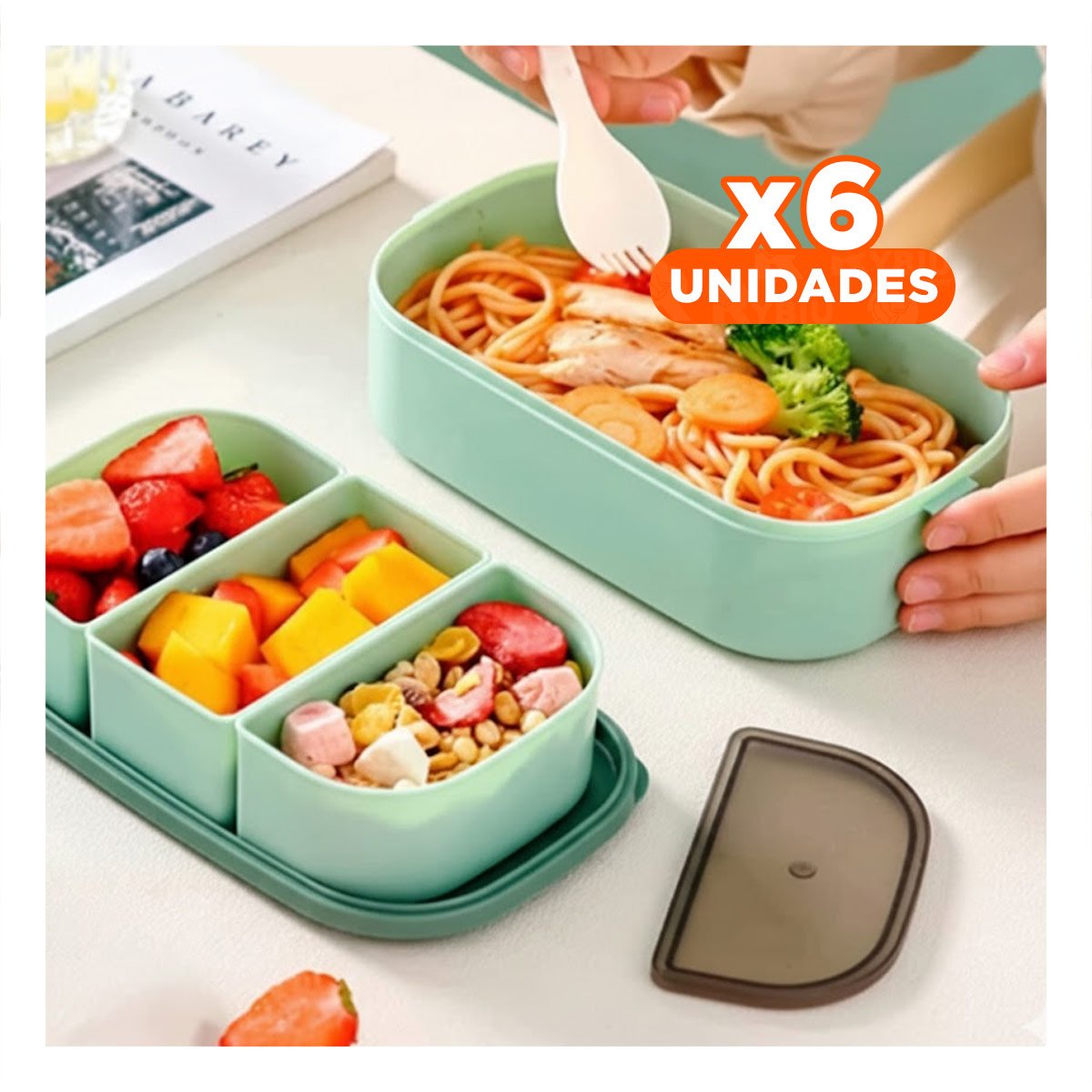 Pack6 Porta Comida 2 Pisos con Compartimientos y Cubiertos Verde Guardar Snacks YPapel Regalo