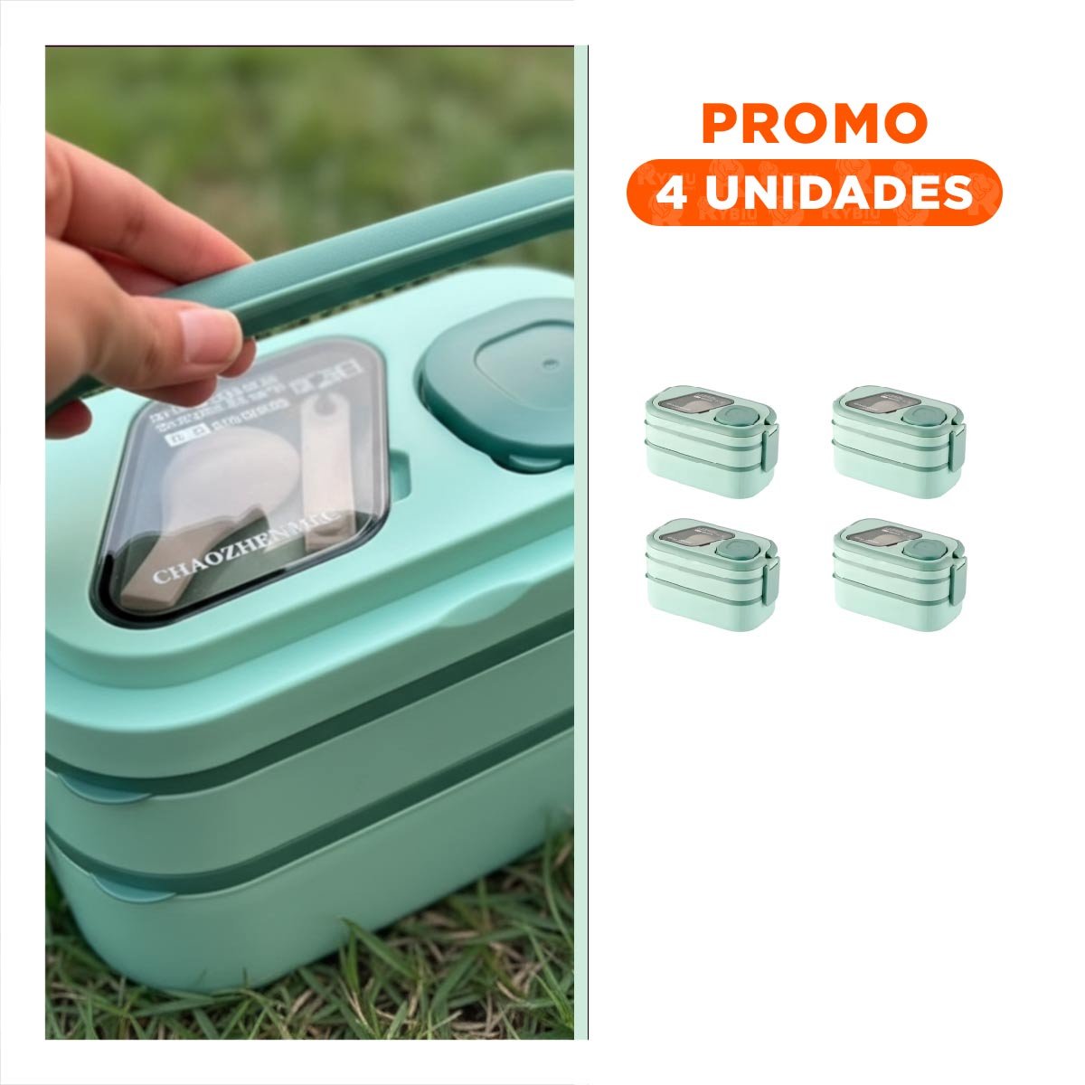 Pack4 Envase 2 Pisos con Compartimientos y Cubiertos Verde Transporte Comida