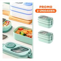 Pack2 Envase 2 Pisos con Compartimientos y Cubiertos Verde Guardar Snacks YRegalo Sticker
