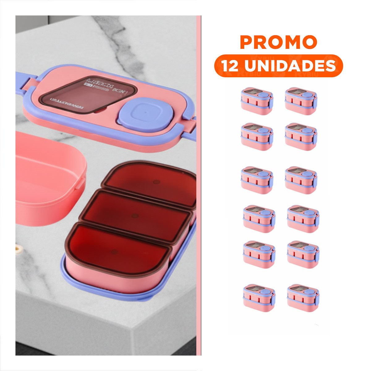 Pack12 Caja Versátil con Compartimientos 2 Pisos Rosado y Lila para Transporte de Comida