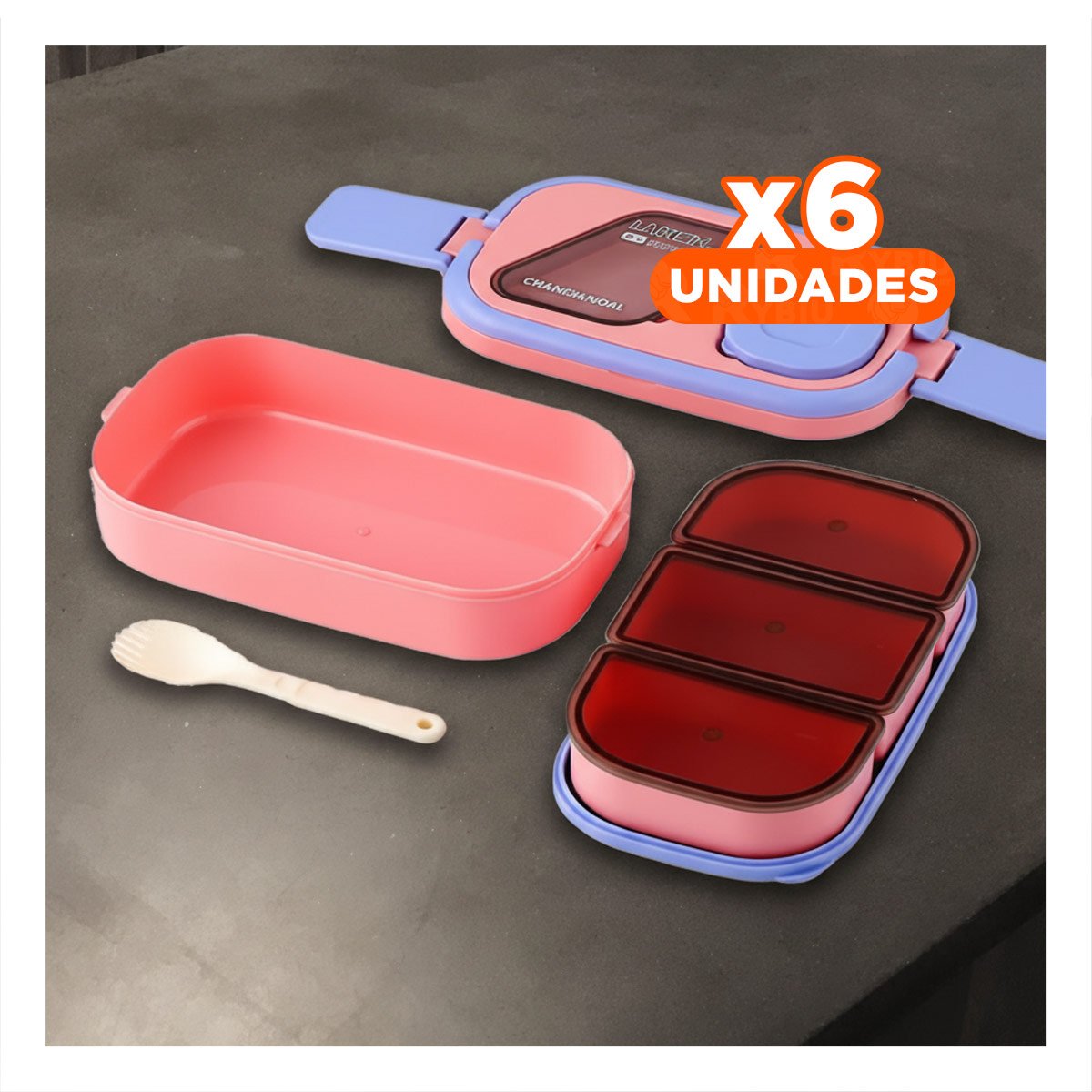 Pack6 Caja Práctica 2 Pisos con Compartimientos Rosado y Lila para Cocina y Hogar