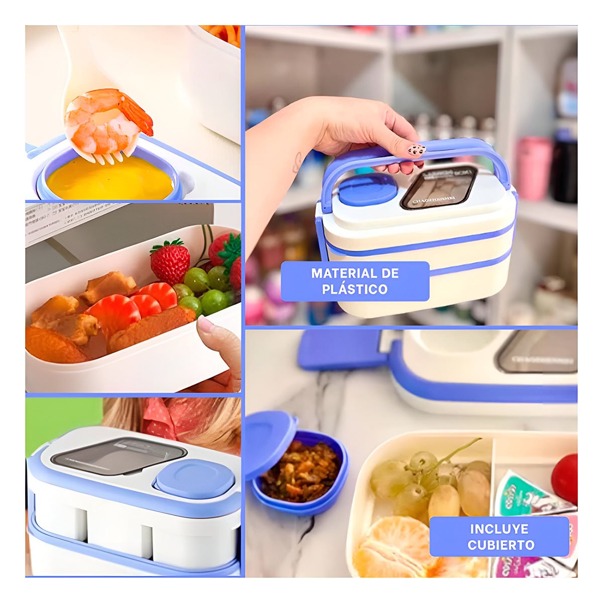 Lonchera 2 Pisos con Compartimientos y Cubiertos Lila y Blanco Llevar Comida YLigas Regalo