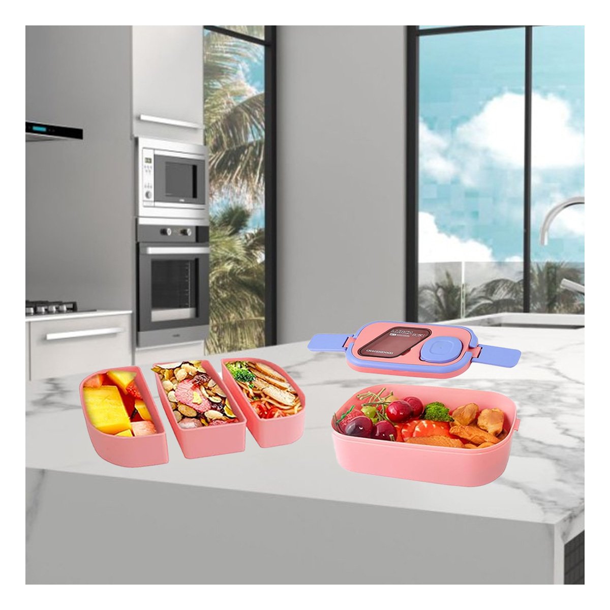 Taper Doble Piso con Compartimientos y Cubiertos Rosado y Lila para Cocina