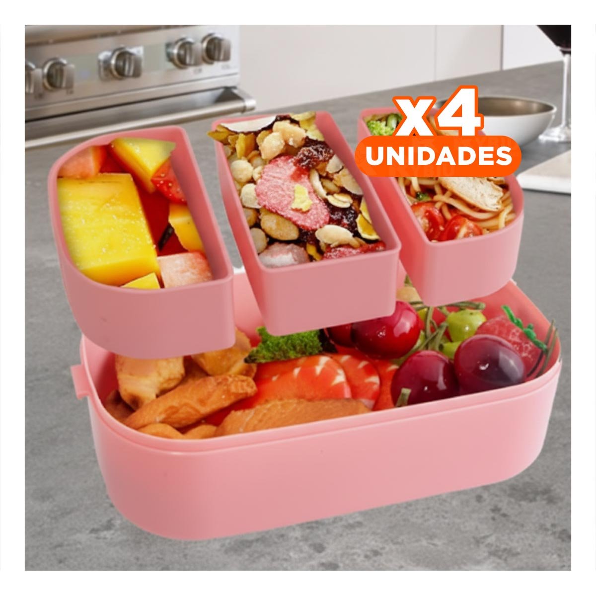Pack4 Caja Doble Piso con Compartimientos y Cubiertos Rosado y Lila para Casa YRegalo Sticker