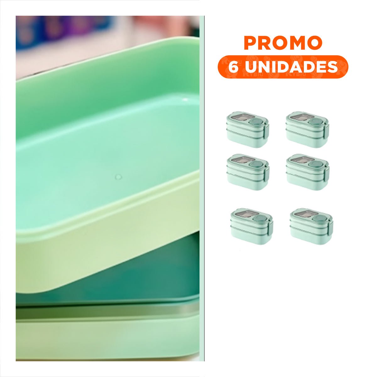 Pack6 Porta Comida 2 Pisos con Compartimientos y Cubiertos Verde Llevar Comida YRegalo Sticker