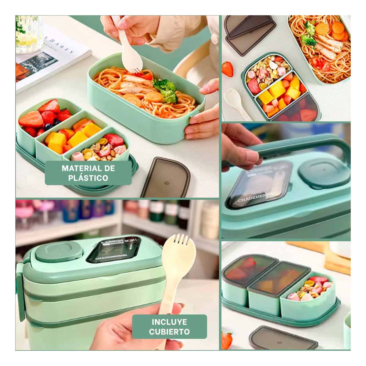 Lonchera 2 Pisos con Compartimientos y Cubiertos Verde Llevar Comida Oficina YLigas Regalo