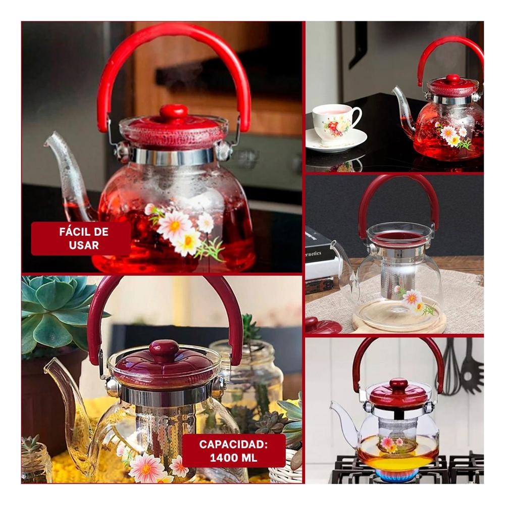 Jarra Elegante con Tapa para Te y Cafe 1400ml Transparente Y Ligas Regalo