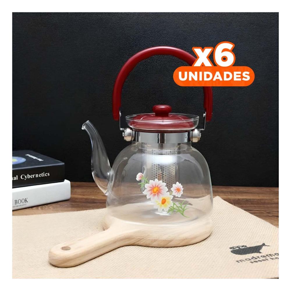 Pack6 Tetera 600ml de Vidrio Transparente con Tapa Guinda en Comedor Clasico YPapel Regalo