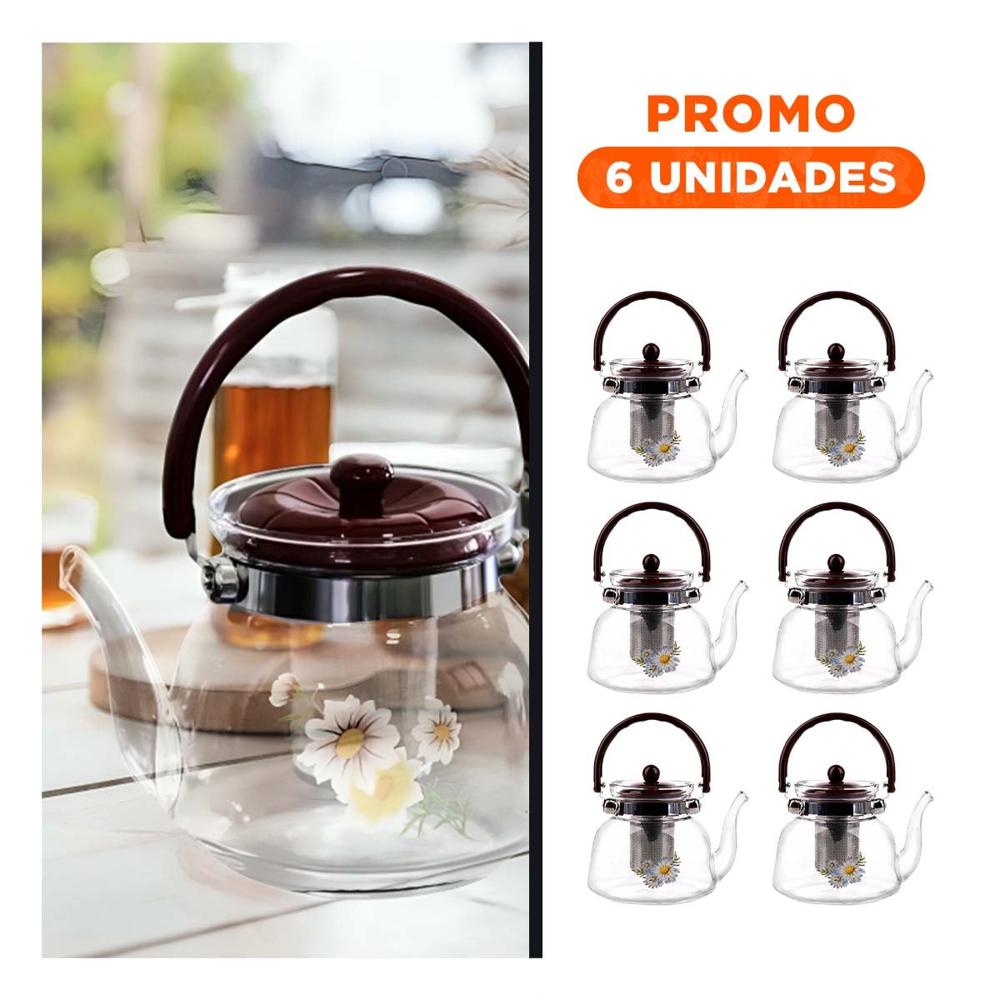 Pack6 Tetera Transparente 1100ml con Tapa Guinda como Punto Decorativo YRegalo Sticker