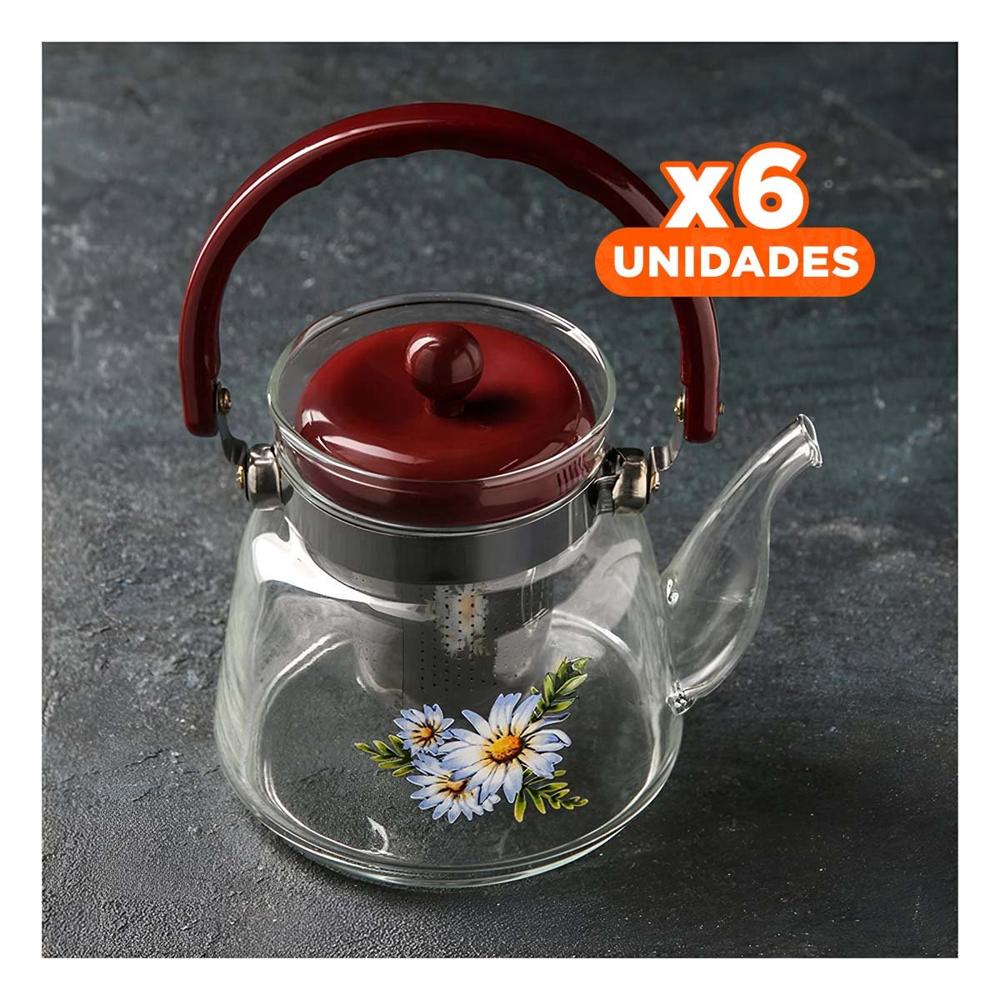 Pack6 Tetera 850ml de Vidrio Transparente con Tapa Guinda en Comedor Clasico YPapel Regalo