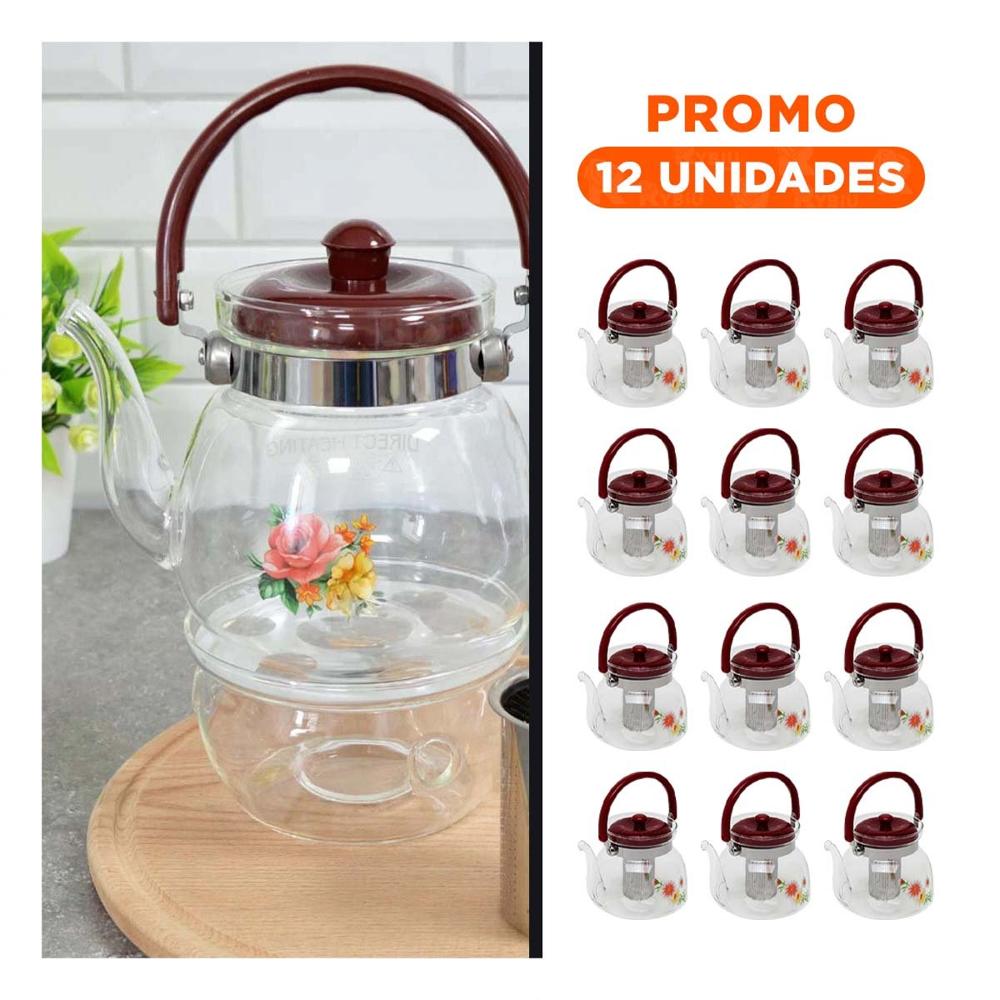 Pack12 Tetera 600ml Transparente con Tapa Guinda para Servicio Refinado