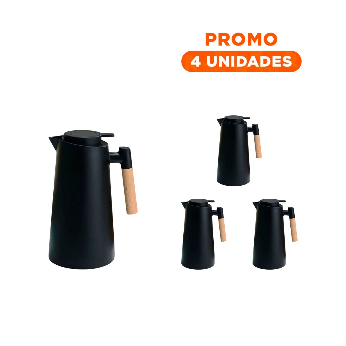 Pack4 Jarra Termo 1L Color Negro Con Mango de Madera Compacto y Facil de Transportar