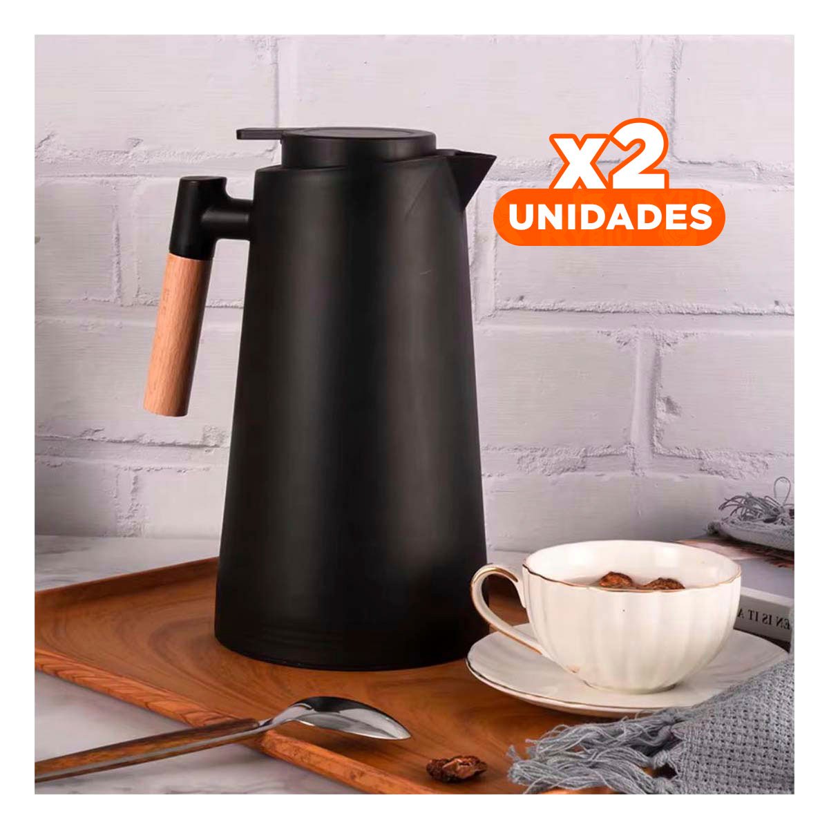 Pack2 Jarra Termo 1L Color Negro Con Mango de Madera Con Diseno Elegante y Moderno
