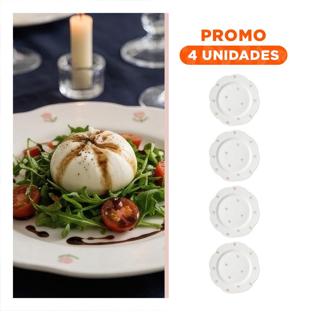 Pack4 Plato Plano Circular Tulipanes Blanco 20x1.5cm para Cocina Diaria YRegalo Sticker