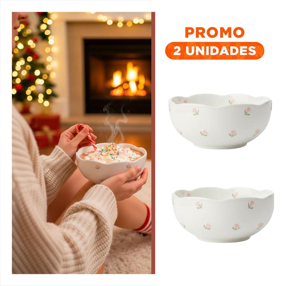 Pack2 Cuenco de Ceramica Circular Tulipanes Color Blanco 14.7x7cm para Almuerzos