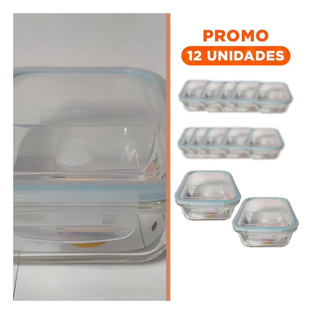 Pack12 Caja de Vidrio 2 Divisiones 1040ml Tapa Linea Celeste