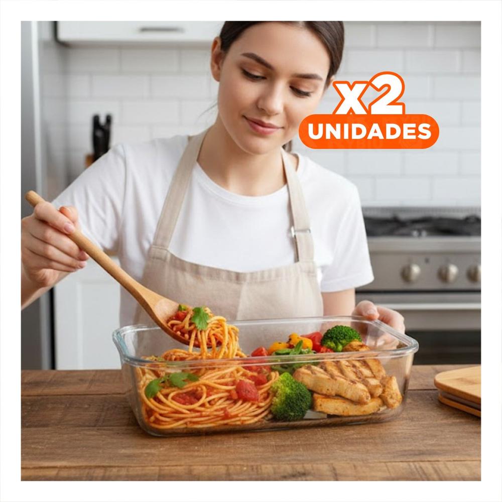 Pack2 Taper De Vidrio 1040ml Rectangular Transparente Con Tapa Bambu Cocina