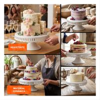 Base Porta Torta Color Blanco Ceramica Rayitas 30 cm para Mesa YLigas Regalo