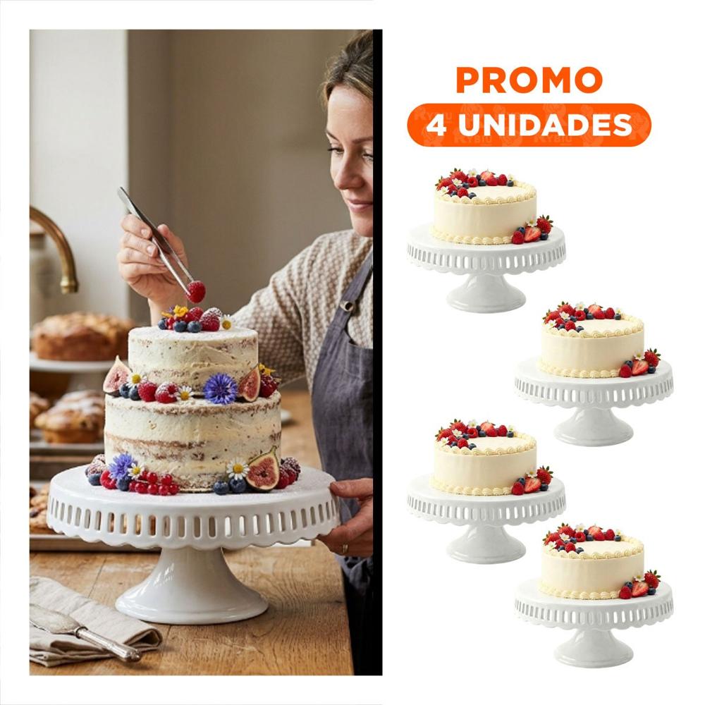 Pack4 Pedestal para Reposteria Rayitas Color Blanco Ceramica 30 cm