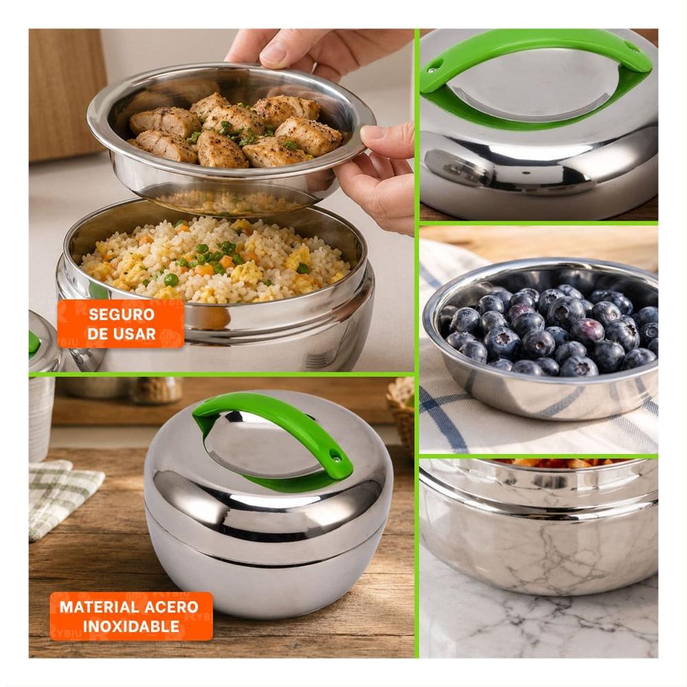 Contenedor 1300 ml Termo Circular Acero Verde con Tapa Y Ligas Regalo