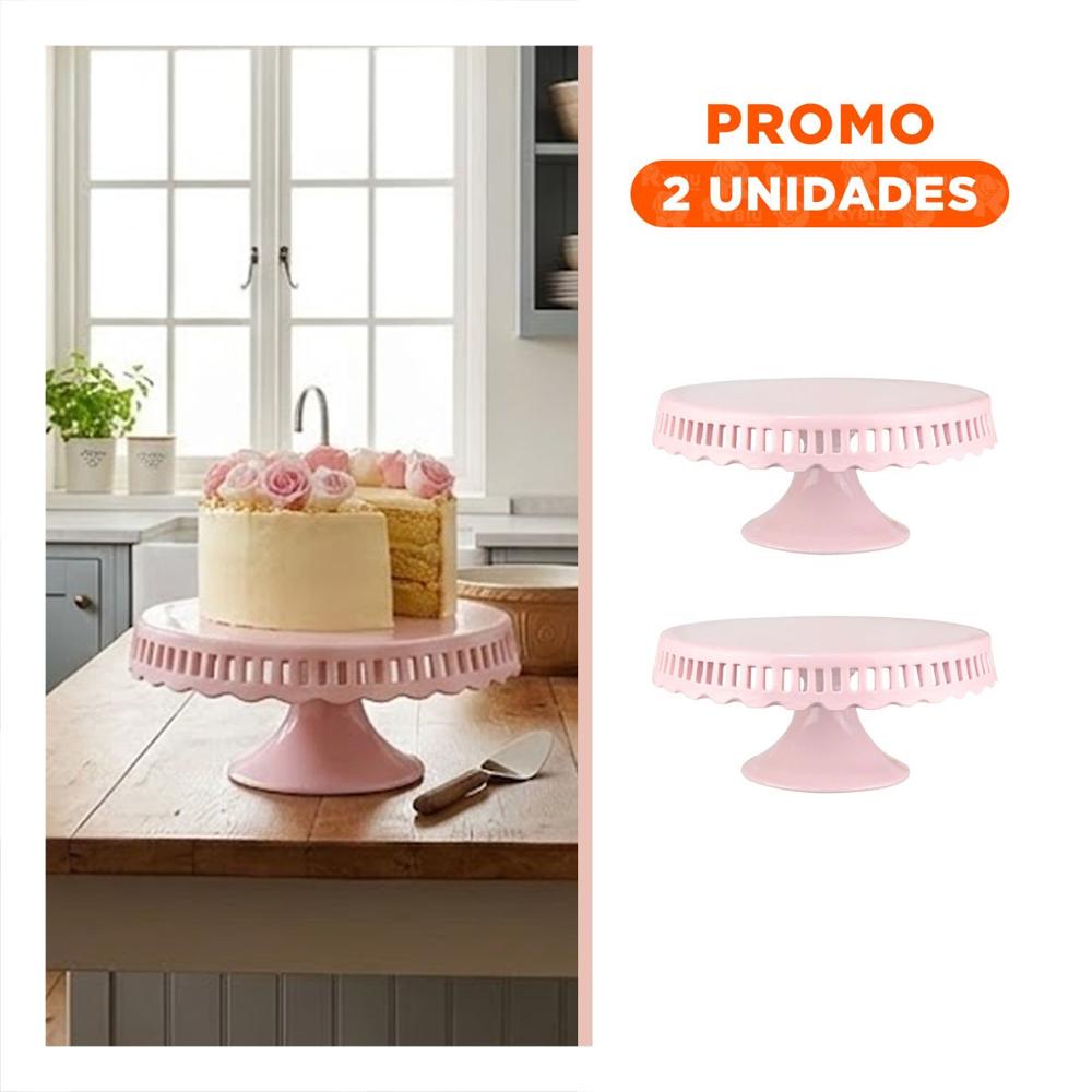 Pack2 Base Decorativa Ceramica Rosado con Rayitas 25 cm para Torta YRegalo Sticker