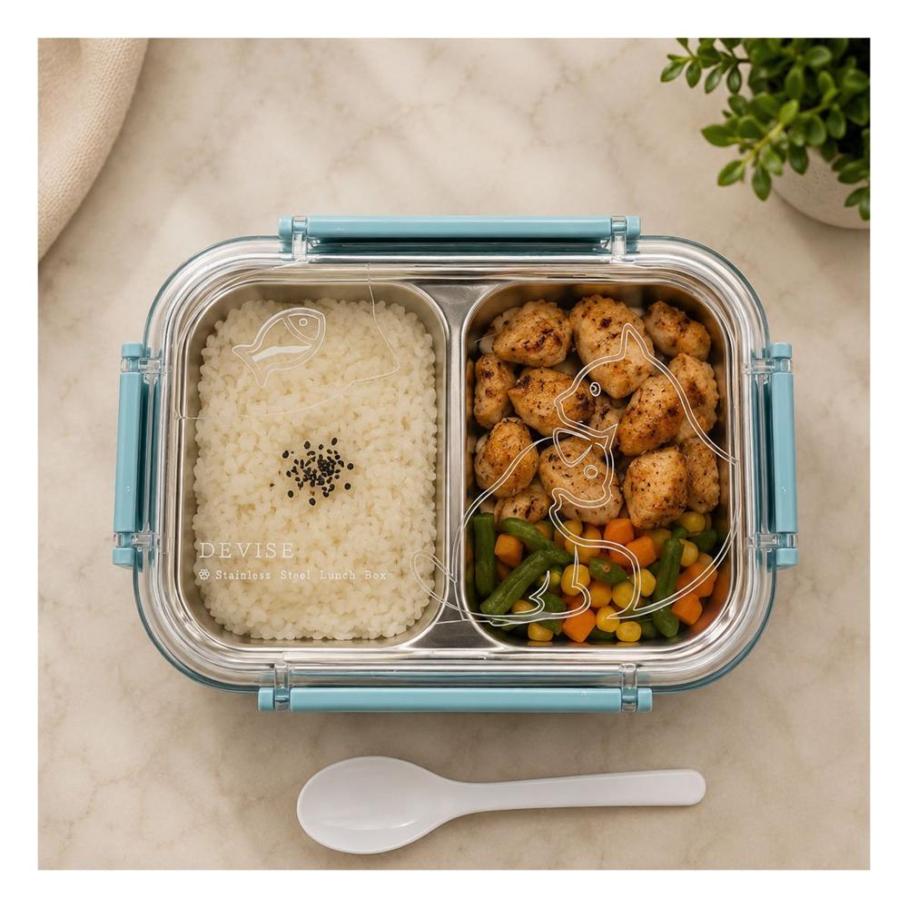 Taper para Almuerzo Rectangular con 2 Niveles y Cubierto Pez Cat Celeste Y Sticky