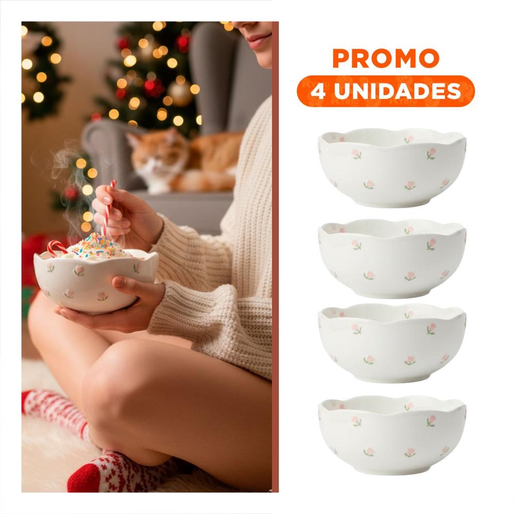 Pack4 Cuenco Hondo Circular Tulipanes Blanco 14.7x7cm para Ensaladas y Sopas