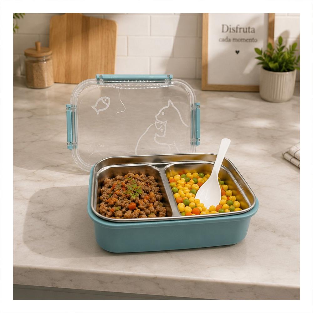 Recipiente con Cubierto Rectangular de 2 Niveles Pez Cat Celeste Y Papel Regalo