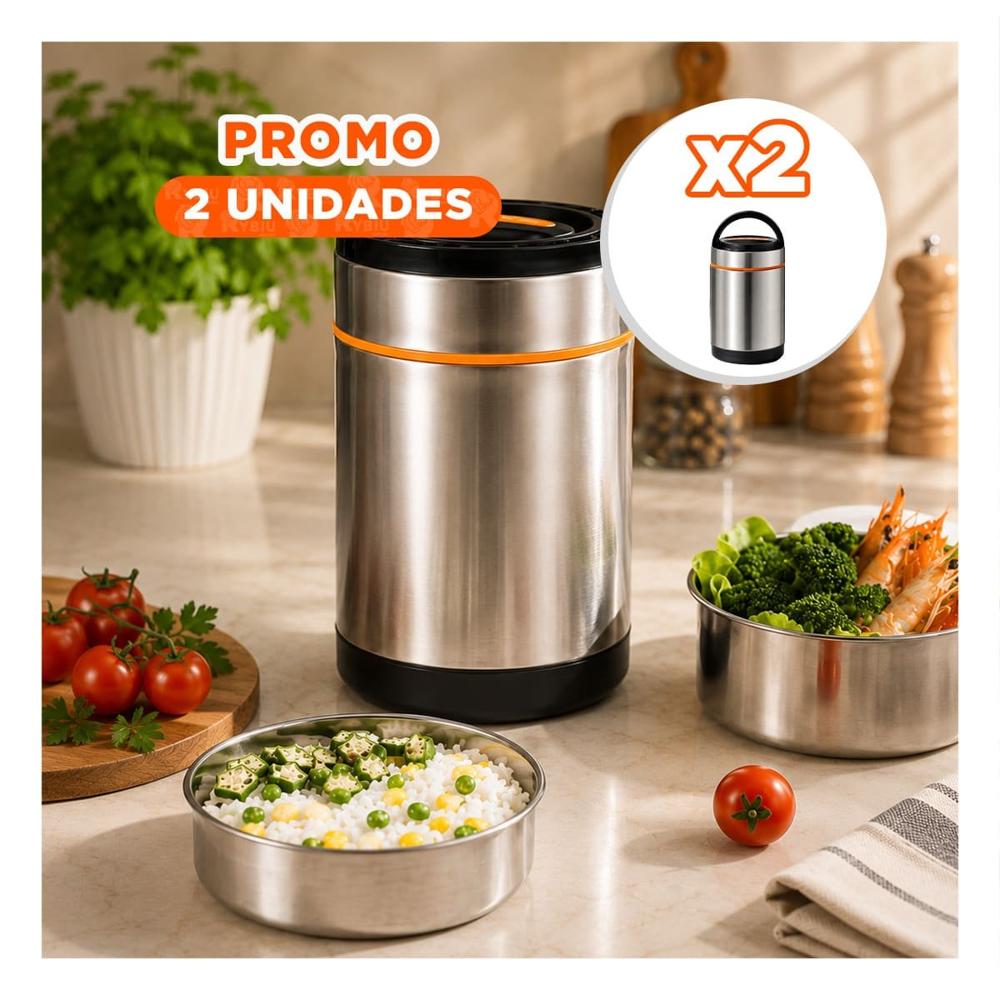 Pack2 Envase Isotermico Plateado y Naranja de 1400ml para Uso Cotidiano