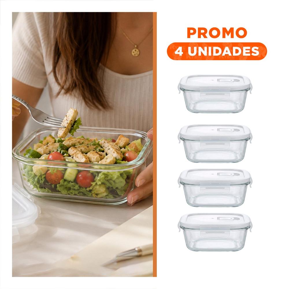 Pack4 Taper Cuadrado de Vidrio 800 ml Transparente Linea Blanca para Lonchera