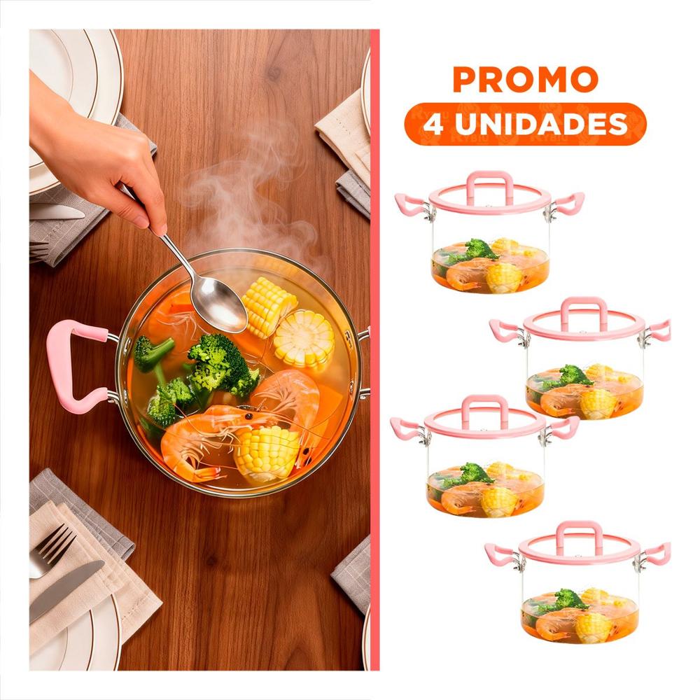 Pack4 Olla Circular 4.5L Rosado y Transparente con Asa y Tapa de Borosilicato
