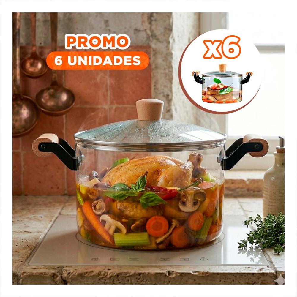 Pack6 Cacerola Circular con Tapa de Borosilicato Asa de Madera 4.5L YPapel Regalo