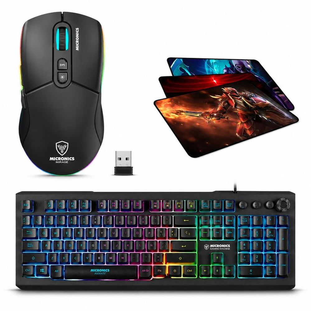 Kit Gamer Micronics 3 en 1: Teclado Avanty + Mouse Mirage Inalambrico + Pad Mouse