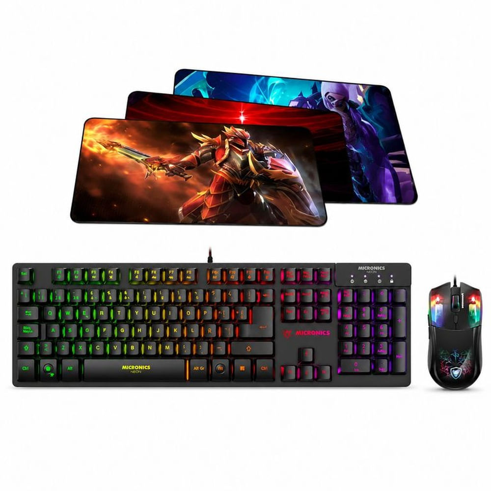 Kit Gamer Micronics Neon 3 en 1: Teclado + Mouse + Pad Mouse