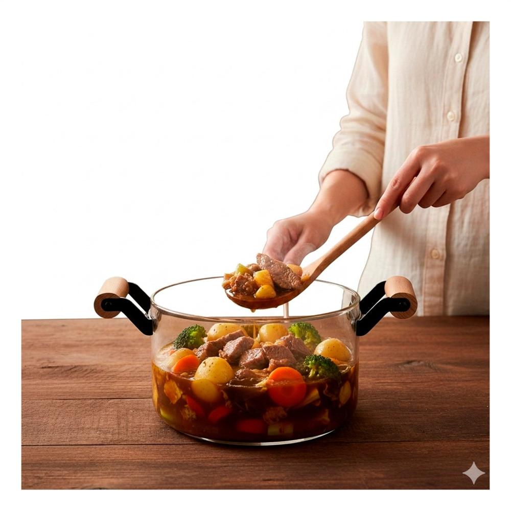 Cacerola Transparente Circular con Asa de Madera 4.5L y Tapa de Borosilicato Y Papel Regalo