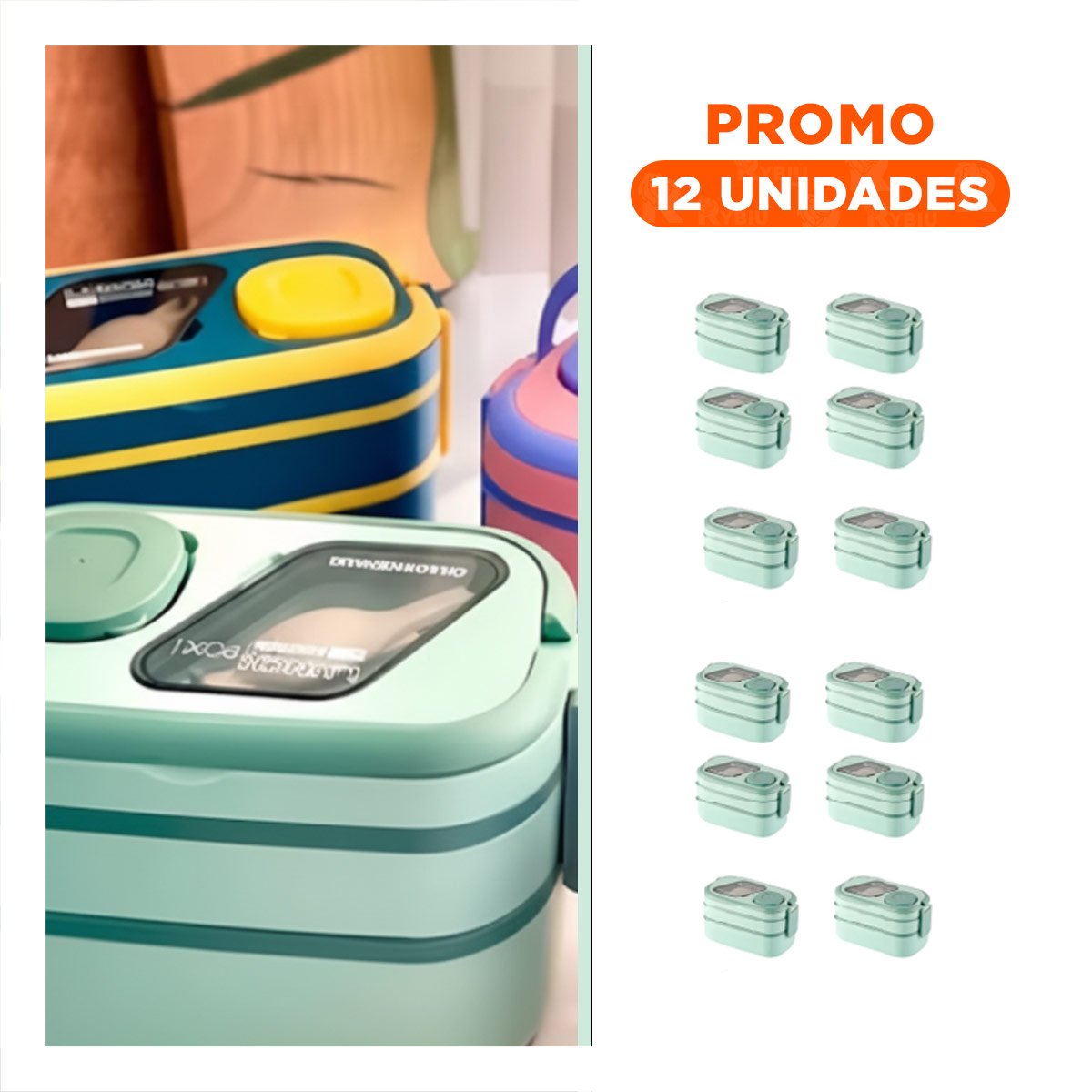 Pack12 Porta Comida 2 Pisos con Compartimientos y Cubiertos Verde Transporte Almuerzos