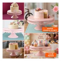 Soporte Porta Torta Rosado Ceramica Rayitas 25 cm para Celebraciones