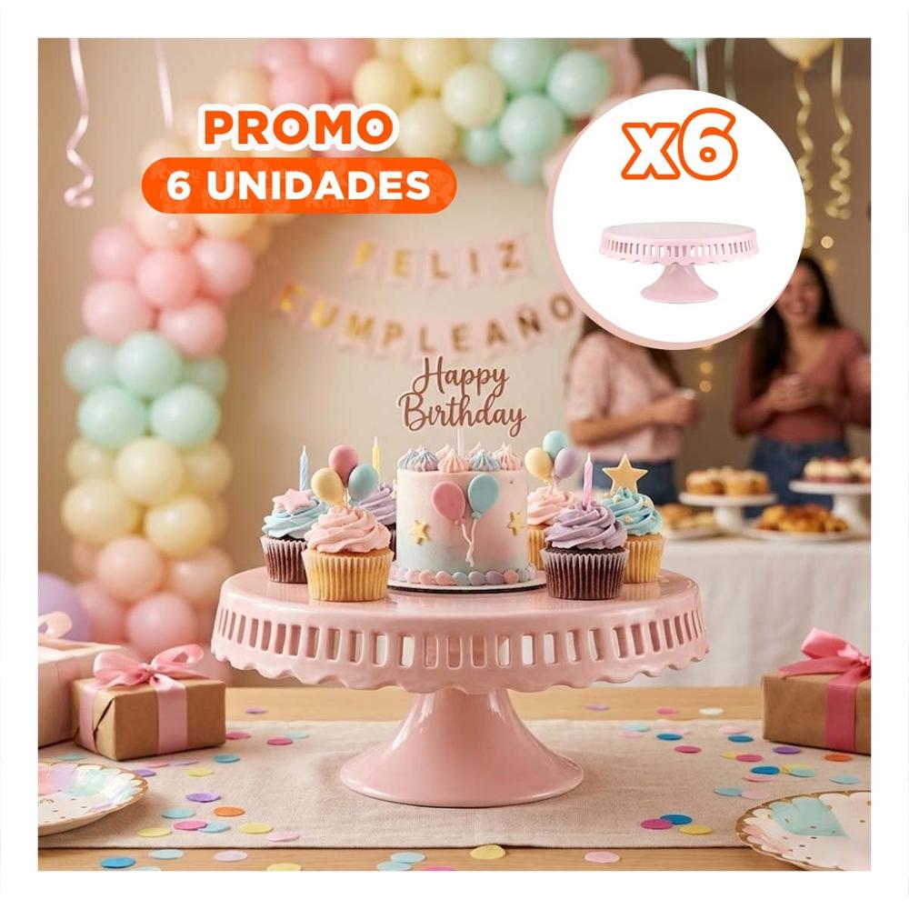 Pack6 Base para Reposteria Color Rosado Ceramica Rayitas 25 cm YRegalo Sticker