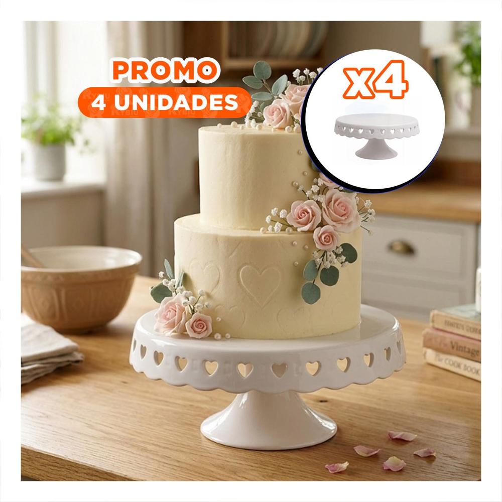 Pack4 Soporte Decorativo Color Blanco Ceramica Corazones 25 cm para Torta