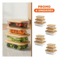Pack4 Envases Resistentes con Diseño Moderno y Bambu 370ml 640ml 1040ml Transparente