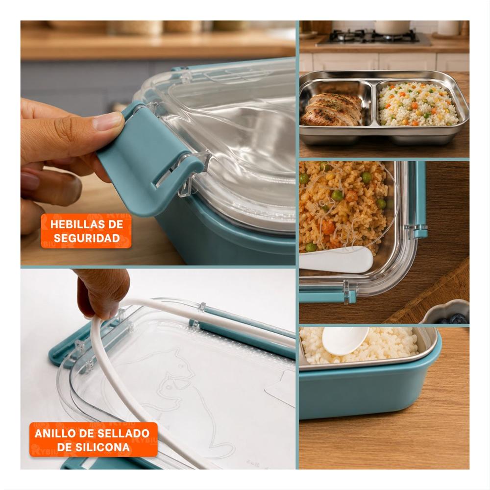 Lonchera Rectangular de 2 Niveles con Cubierto Pez Cat Celeste Y Ligas Regalo