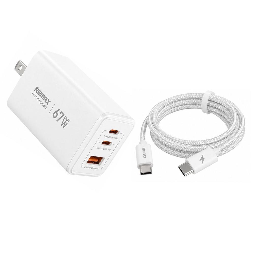 Cargador Rápido Remax CA02 67W GAN Blanco 2 USB-C - USB-A - cable 100W