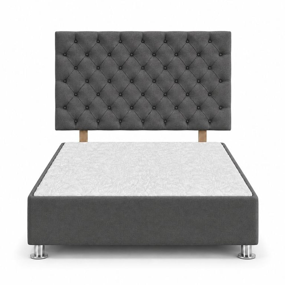 Cama Tapizada Aria Cromo Capitoné Plomo Oscuro 1.5 Plz